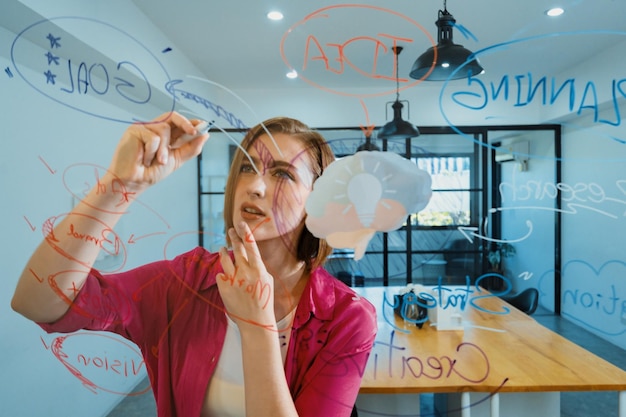 Foto atractiva, inteligente, mulher de negócios, faz brainstorming usando o mapa mental da imaculada.