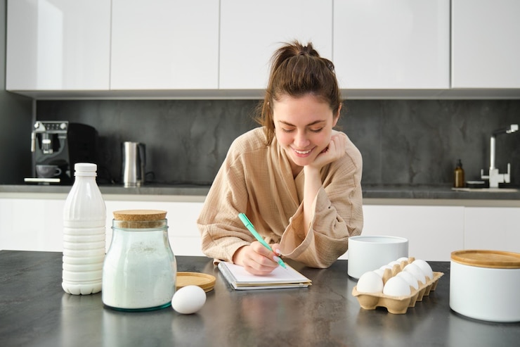 Foto atractiva joven alegre horneando en la cocina haciendo masa sosteniendo un libro de recetas con ideas