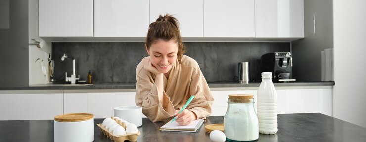Foto atractiva joven alegre horneando en la cocina haciendo masa sosteniendo un libro de recetas con ideas