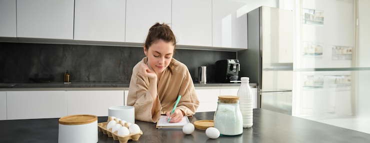 Foto atractiva joven alegre horneando en la cocina haciendo masa sosteniendo un libro de recetas con ideas