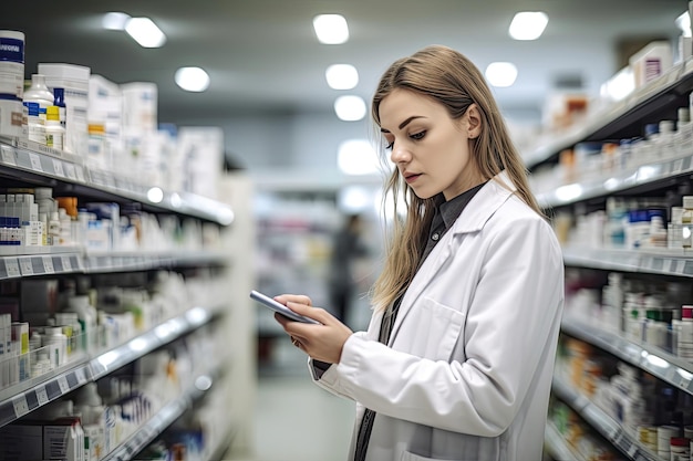 La atractiva joven farmacéutica se encuentra en medio de filas de estantes repletos de medicamentos en la farmacia IA generativa