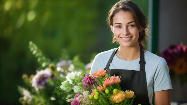 Atractiva joven florista sosteniendo un ramo de flores