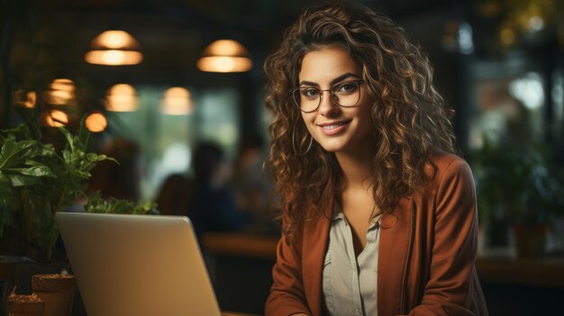 Una atractiva joven mujer de negocios latina sentada en su escritorio usando una computadora portátil teniendo una llamada de reunión de trabajo virtual remota en la oficina o viendo una transmisión en línea de un curso de capacitación en línea usando el