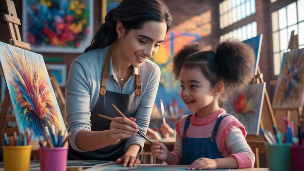 Foto una atractiva maestra hispana le está enseñando a una niña bonita cómo usar el pincel en un lienzo.