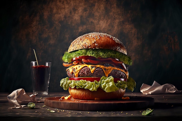 Atractiva mesa servida con comida rápida en forma de hamburguesa con ternera y lechuga