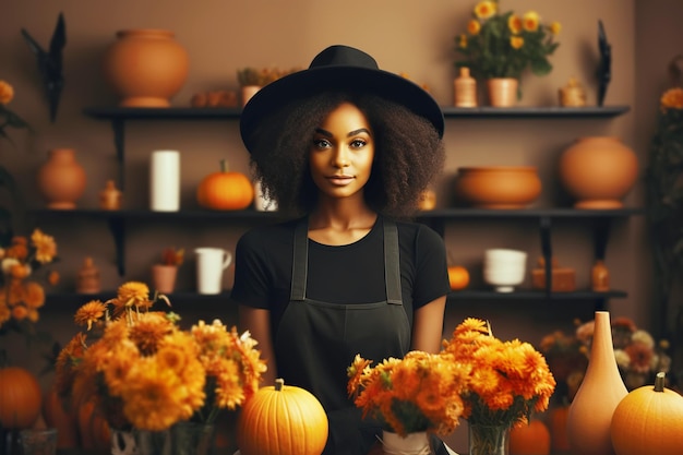 Atractiva mujer afroamericana florista que trabaja en una tienda de flores Creación de decoración de otoño para la celebración de Halloween