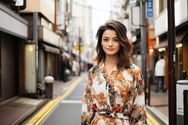 Una atractiva mujer asiática con kimono caminando por la calle vieja.