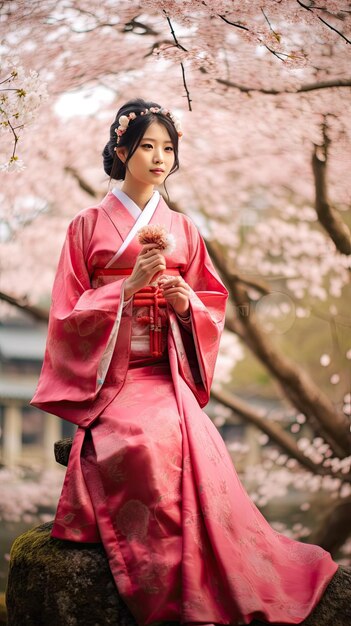 Atractiva mujer asiática con kimono en otoño Una chica de estilo japonés