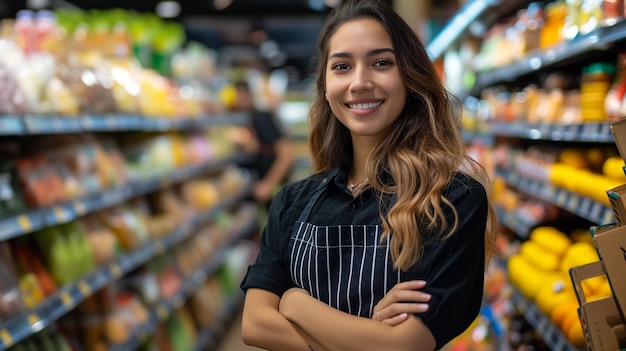 Atractiva mujer asiática que trabaja en un supermercado de pie en la caja con los brazos cruzados mirando a la cámara sonriendo