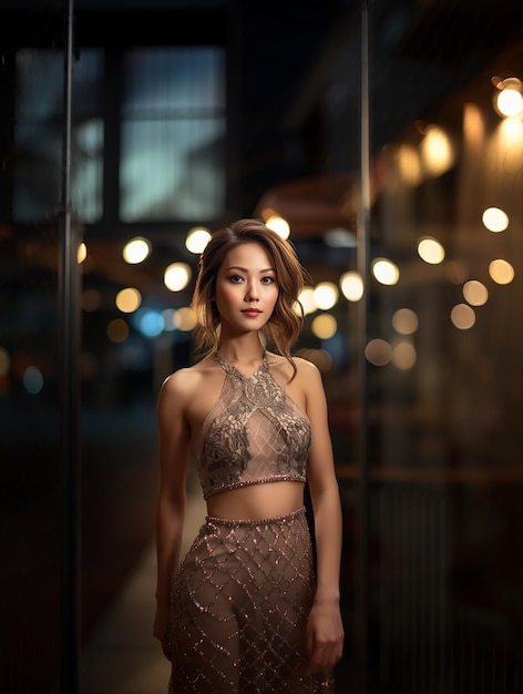 Atractiva mujer asiática en el romántico fondo bokeh
