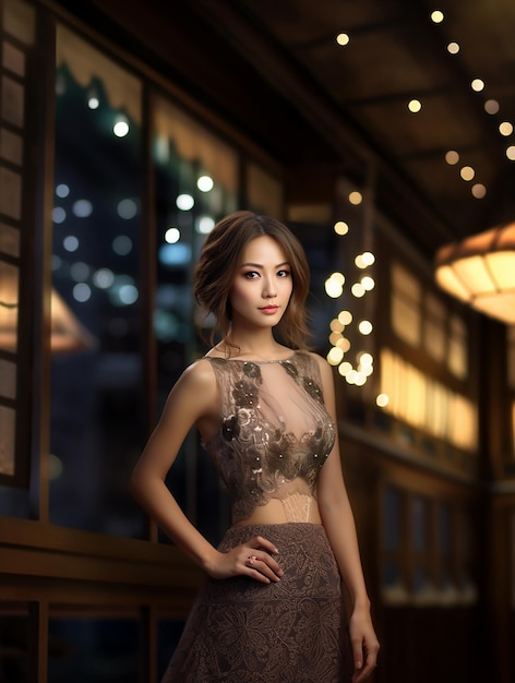 Atractiva mujer asiática en el romántico fondo bokeh