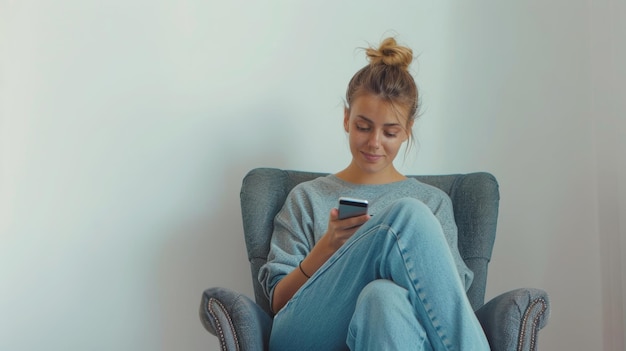 Una atractiva mujer caucásica usa un teléfono móvil, chata en Internet, trabaja o estudia en línea, se sienta en un sillón contra una pared blanca del estudio y está viendo un video en su teléfono.