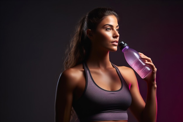 Atractiva mujer deportiva en ropa deportiva sosteniendo una botella de agua en un fondo minimalista de color