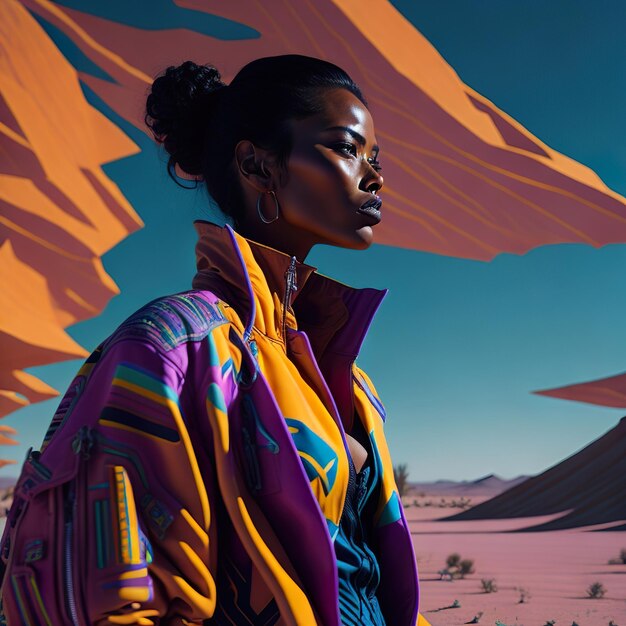 Atractiva mujer elegante con chaqueta de neón en el desierto