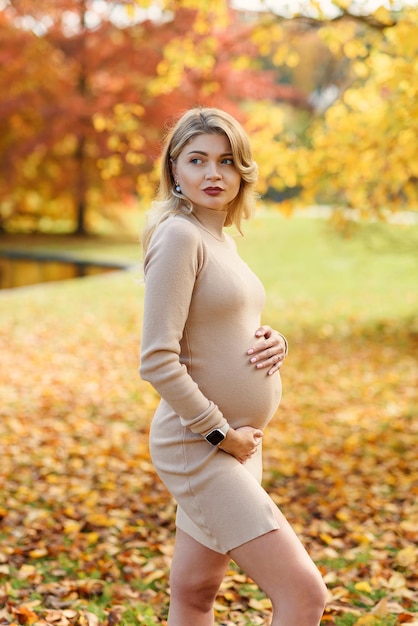 Atractiva mujer embarazada milenaria sosteniendo tiernamente su barriga en el parque de otoño