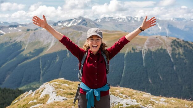 Atractiva mujer excursionista con los brazos abiertos en el pico de la montaña disfruta con el concepto de viaje a la naturaleza