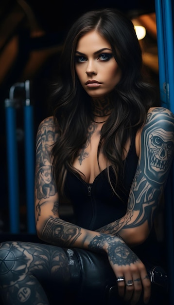 Atractiva mujer gótica con tatuajes en todo el cuerpo