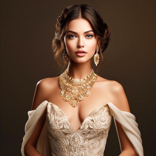 Atractiva mujer hermosa y glamurosa con joyas doradas de novia