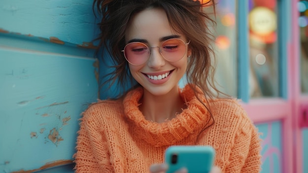Una atractiva mujer joven adulta sosteniendo un teléfono móvil haciendo compras en línea de comercio electrónico en su teléfono usando aplicaciones en su teléfono móvil de pie aislado en un fondo azul
