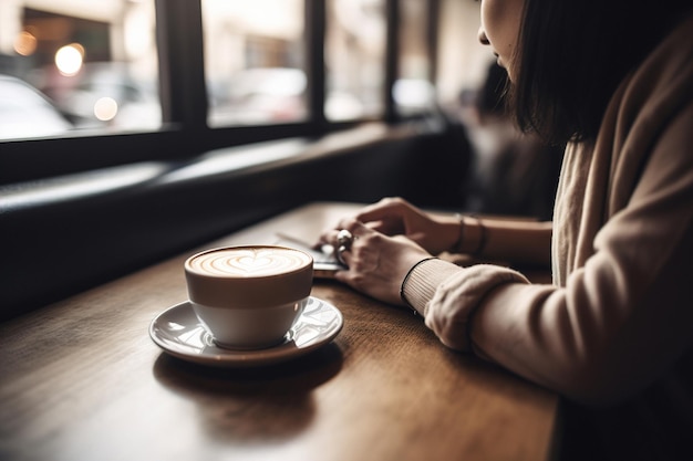 Atractiva mujer joven disfrutando de una taza de café en una cafetería mientras escucha música generativa