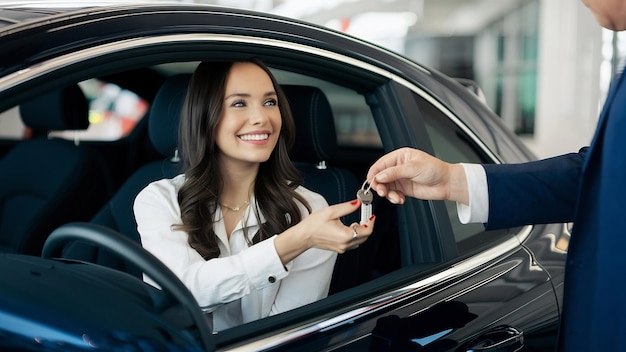 Una atractiva mujer morena sentada en su coche nuevo y tomando las llaves del concesionario de vehículos