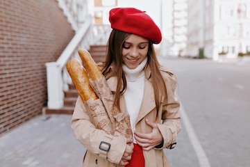 Atractiva mujer morena con gabardina beige y boina, sonríe y sostiene baguettes caminando la calle y disfruta del día de primavera | Foto Premium