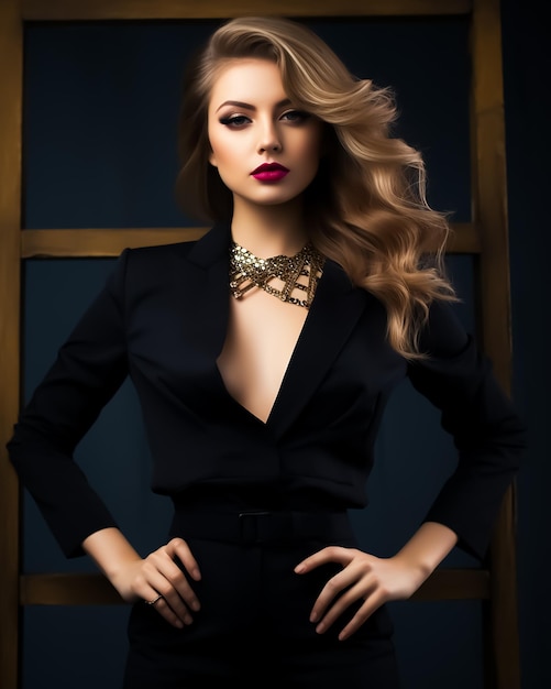 Atractiva mujer de negocios caliente en traje formal maquillaje completo cabello rubio traje negro