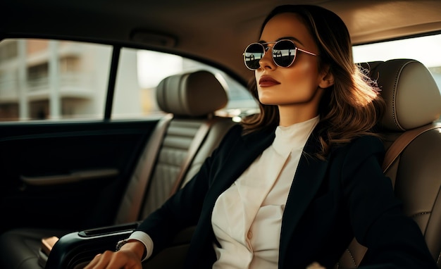 Foto una atractiva mujer de negocios con gafas de sol sentada en el asiento trasero de un coche y mirando hacia adelante