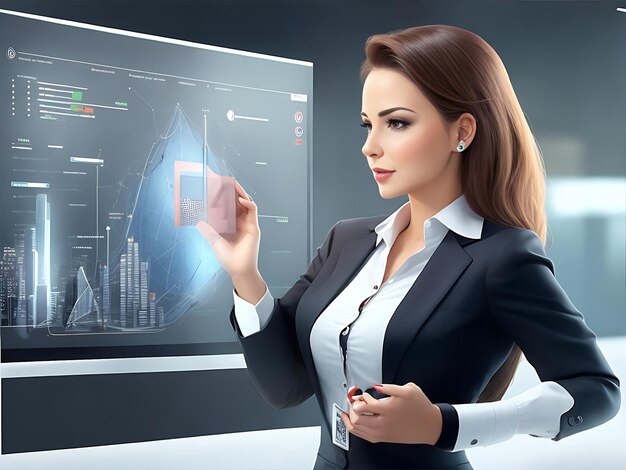 Una atractiva mujer de negocios tocando una pantalla virtual 8k