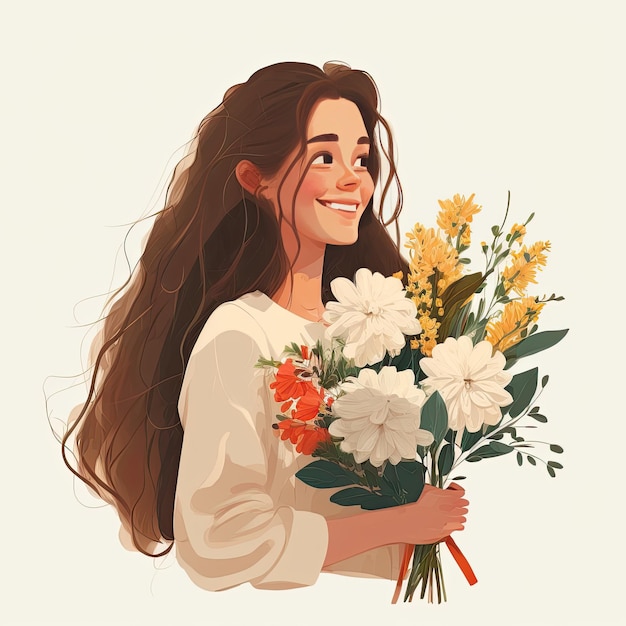 Atractiva mujer sonriente sosteniendo ramo de flores y mirando a la cámara Presente para cumpleaños Día de la madre u otra celebración IA generativa