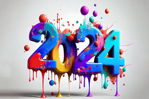 Atractiva pancarta de celebración de Feliz Año Nuevo 2024 con coloridos números 3D hechos de pintura colorida