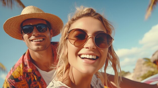 Atractiva pareja feliz viajando en verano en bicicletas hombre y mujer con cabello rubio boho hipster