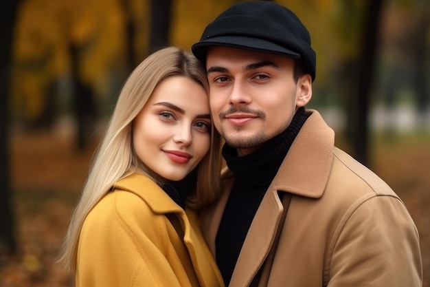 Atractiva pareja joven posando juntos en el parque creado con ai generativo