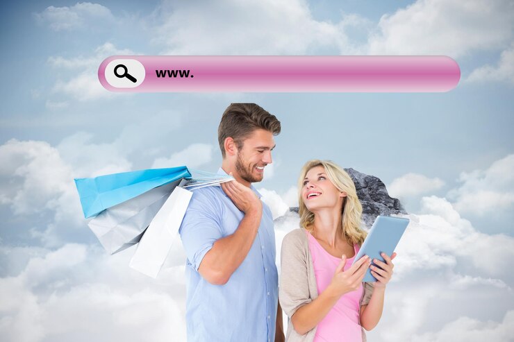Foto atractiva pareja joven sosteniendo bolsas de compras mirando tablet pc contra el pico de la montaña a través de las nubes