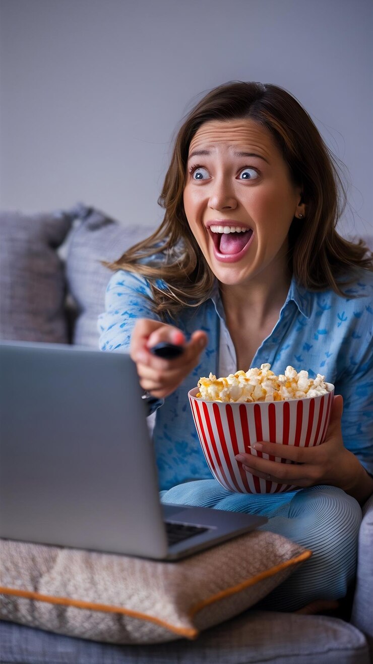 Foto atractiva sorridente mulher feliz sentada no sofá em casa vendo filmes de tv on-line segurando controle remoto