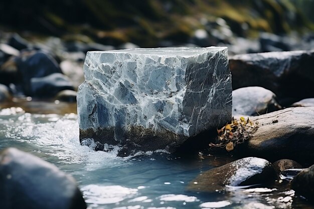 Foto atractivas rocas de mármol cubo gris en el hermoso lago