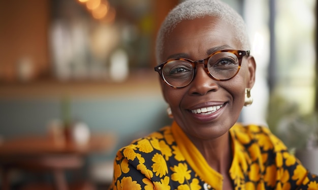 Atractivo anciano africano con gafas con una amplia sonrisa encantadora de pie solo en casa