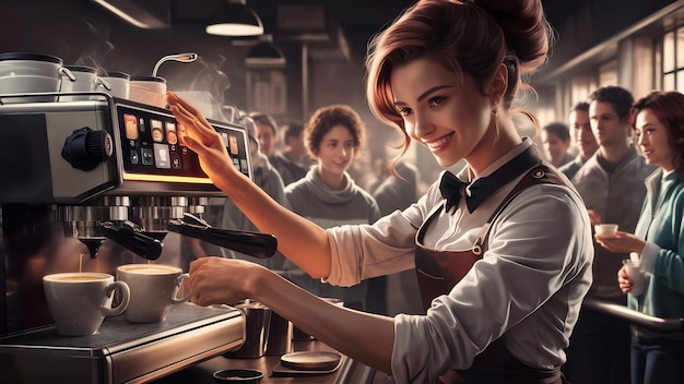 Un atractivo barista en uniforme está preparando café para los clientes usando una nueva cafetera