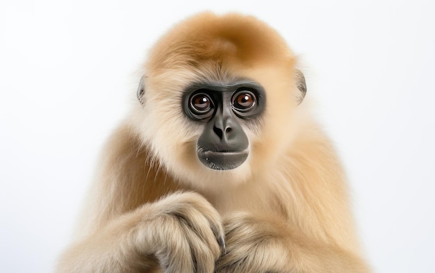 Foto atractivo y de color dorado gibbon de manos blancas hylobates lar aislado sobre fondo blanco