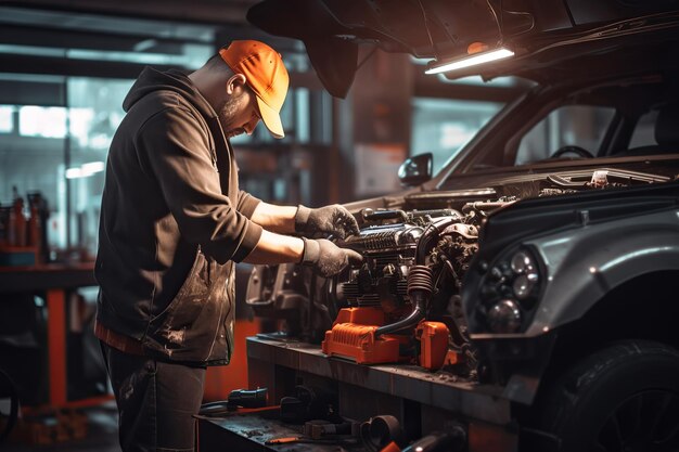 Foto atractivo y confiado mecánico de automóviles que trabaja en el servicio de automóviles