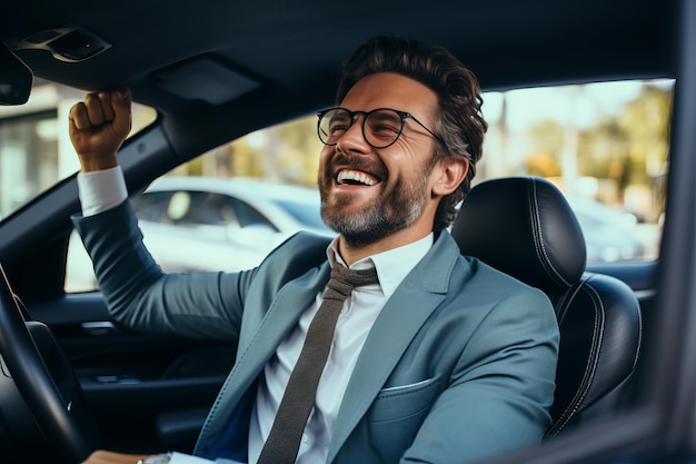 Atractivo, elegante, hombre feliz en un buen coche.