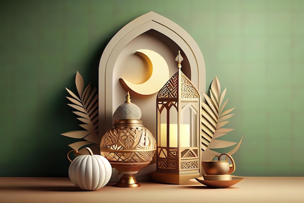 Atractivo fondo de decoración islámica con ketupat mezquita media luna linterna estilo de dibujos animados ramadan kareem Generative Ai