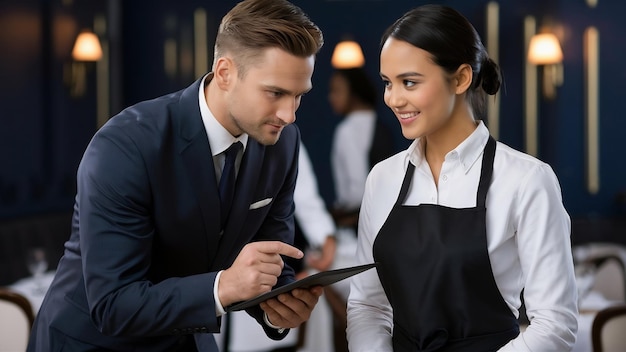 El atractivo gerente del restaurante está calificando el trabajo de la camarera