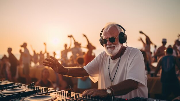 Atractivo hombre canoso DJ en una fiesta en la playa durante la puesta de sol AI