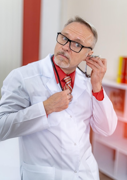 Atractivo hombre elegante con estetoscopio en uniforme Trabajador médico en un hospital moderno