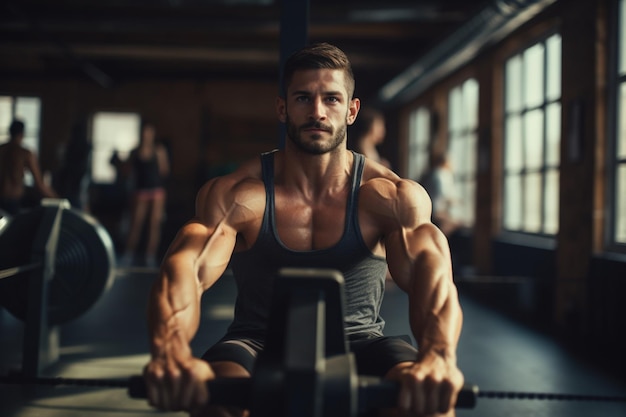 Un atractivo hombre musculoso haciendo ejercicio en la máquina de remo