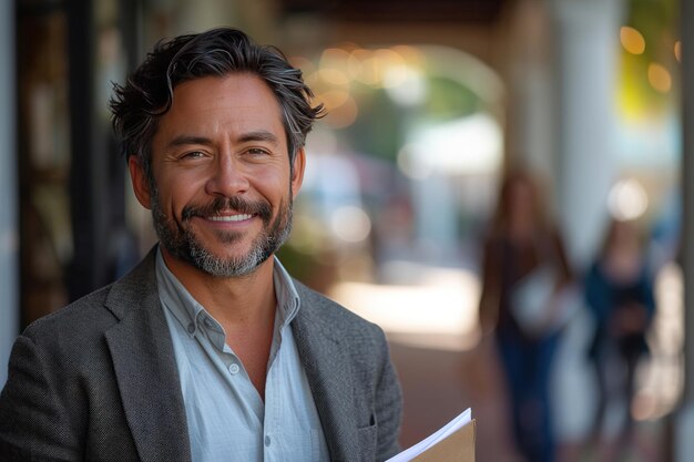Foto atractivo hombre de negocios latino con documentos en las manos con una sonrisa feliz y una cabeza barbuda