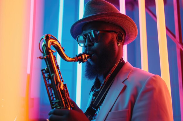 Foto atractivo músico de jazz afroamericano tocando el saxofón