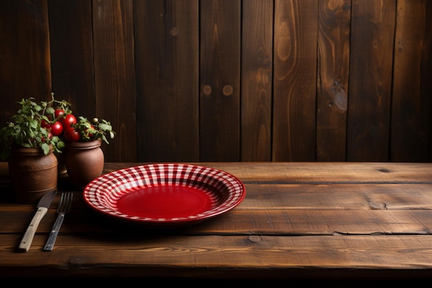 Atractivo del viejo mundo Plato tenedor mesa de madera cuadros rojos