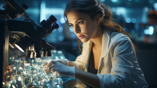 Atraente cientista feminina trabalhando em um experimento de química em um laboratório generativo ai